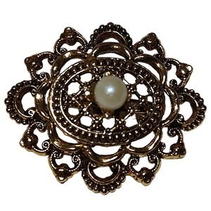 Vintage Tacoa Raised Relief Brooch Pin Faux Pearl Floral Filigree Gold Tone Oval